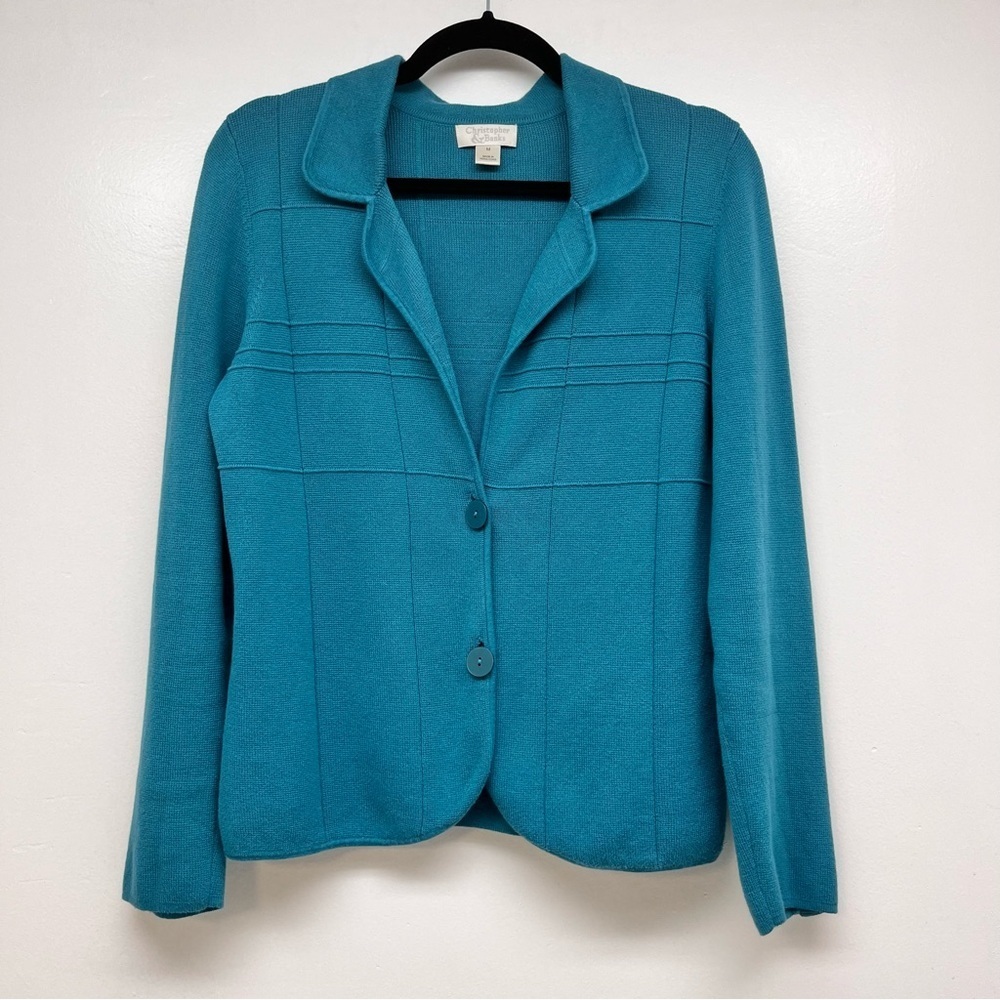 Christoper & Banks 100% Cotton Knit Blazer Jacket Cardigan Blue Green size M